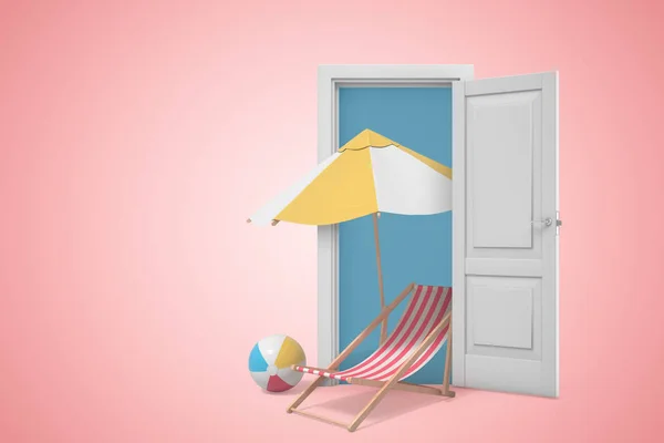3D-rendering van Chaise-longue met strandbal naast onder grote paraplu, allemaal staand in witte deuropening op roze copyspace-achtergrond. — Stockfoto