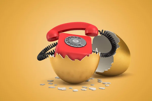 3D vykreslování červeného retro telefonu, které se vylíhne ze zlatého vajíčka na žlutém pozadí — Stock fotografie