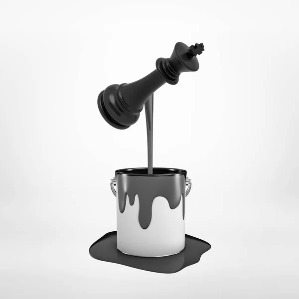 Renderowanie 3D czarnej farby wylewanie z czarnego szachu króla na srebrny metal wiadro farby na białym tle — Zdjęcie stockowe