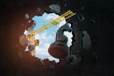 Siyah satranç atı taşıyan ve delik görülen mavi gökyüzü ile siyah duvar üzerinden çökmesini kaldırma vinç 3d render.