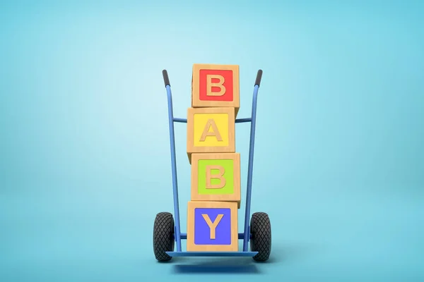 Rendering 3d di blocchi di giocattoli colorati alfabeto che mostrano il segno BABY su un camion a mano su sfondo blu — Foto Stock
