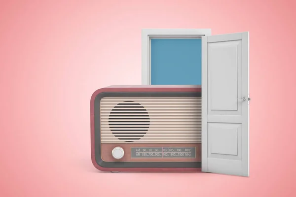 3D renderização de uma porta aberta branca com rádio retro vintage no fundo rosa claro — Fotografia de Stock