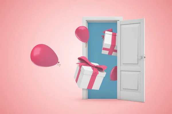 밝은 분홍색 배경에 선물 상자와 분홍색 풍선이있는 흰색 열린 출입구의 3D 렌더링 — 스톡 사진