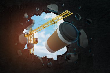 Kahverengi kahve kağıt fincan taşıyan kaldırma vinç 3d render ve delik görülen mavi gökyüzü ile delik bırakarak siyah duvar kırma.