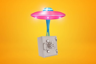 Sarı arka plan üzerinde gümüş metal banka güvenli taşıyan pembe metal Ufo 3d render