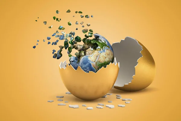 3D рендеринг Планета Земля, яка просто вилупилися з золотого яйця і в даний час руйнування на дрібні шматки, які летять. — стокове фото