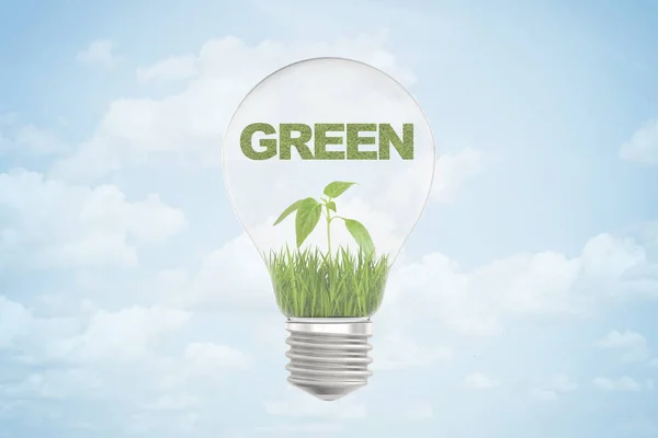 3d renderização de sinal verde sobre pequeno broto verde dentro de uma lâmpada no fundo do céu azul — Fotografia de Stock
