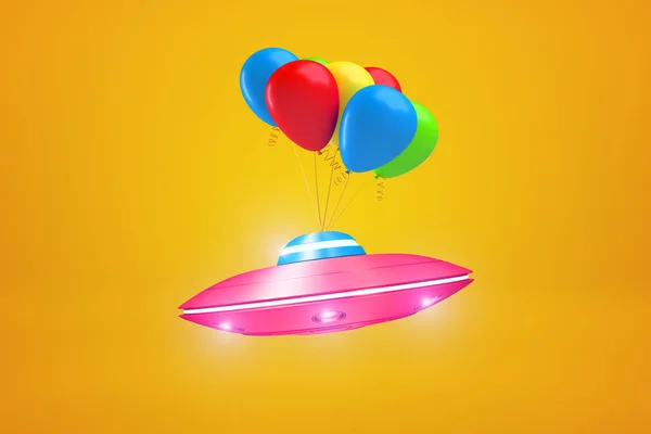 3d renderização de metal rosa UFO com balões coloridos no fundo amarelo — Fotografia de Stock