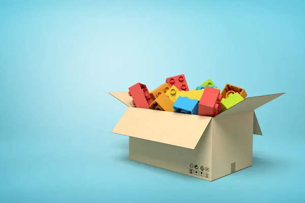 3d renderização de caixa de papelão cheio de tijolos de brinquedo coloridos no fundo azul claro com espaço de cópia . — Fotografia de Stock