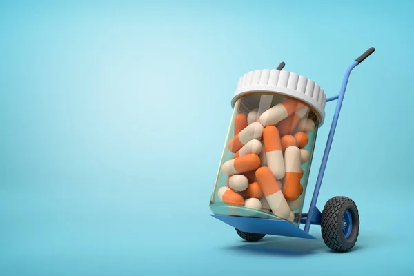 Rendering 3D di un barattolo di plastica con pillole mediche su un camion a mano su sfondo blu — Foto Stock