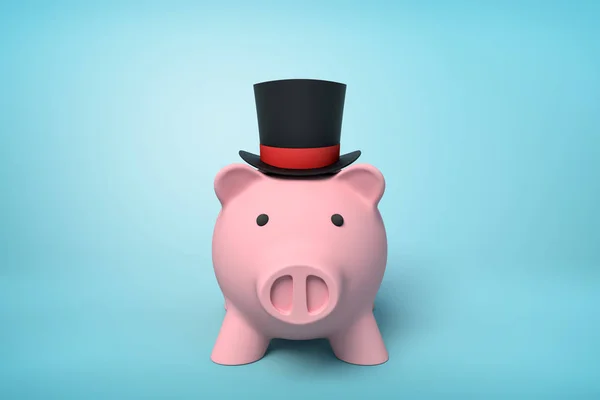 3d front close-up rendering of pink piggy bank wearing black top hat with red ribbon on light-blue background.