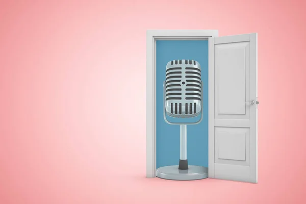 3D-rendering av enorma metall mikrofon stående i dörröppningen på rosa lutning copyspace bakgrund. — Stockfoto