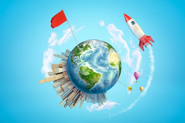 3d rendering of colored earth globe with city buildings, air balloons, red flag and space rocket on blue sky background — Stock Photo, Image
