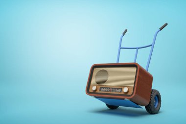 Mavi el kamyon 3d render kopya alanı ile açık mavi arka plan üzerinde ayarlanmış kahverengi retro radyo ile yarı dönüş ayakta.