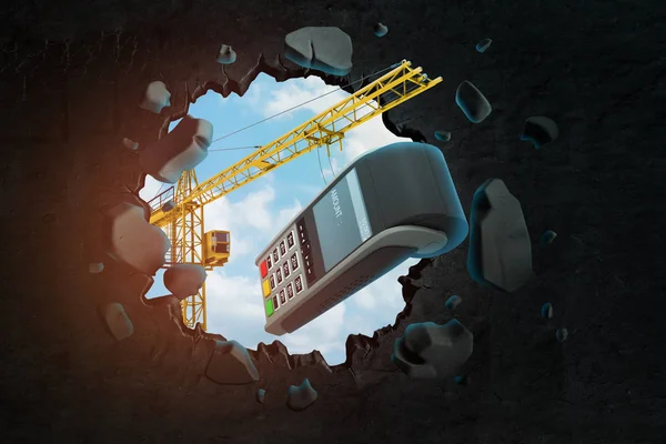 3d rendering of hoisting crane carrying point-of-sale terminal and breaking hole in wall with blue sky seen through.