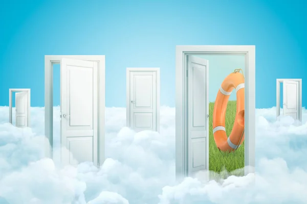 3d representación de cinco puertas de pie sobre nubes esponjosas bajo el cielo azul, una puerta que conduce al césped verde con gran boya de vida naranja en él . — Foto de Stock