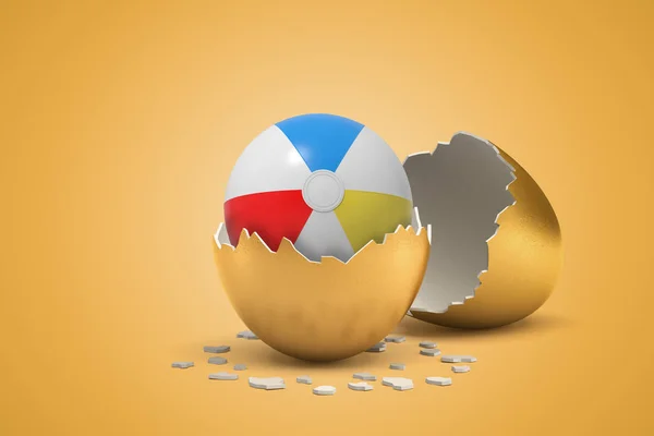 그냥 빛 황토 배경에 황금 계란에서 부화 줄무늬 풍선 공의 3D 렌더링. — 스톡 사진