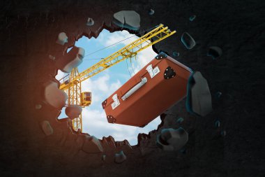 Sarı inşaat vinç ve retro kahverengi bavul siyah duvar kırma 3d render