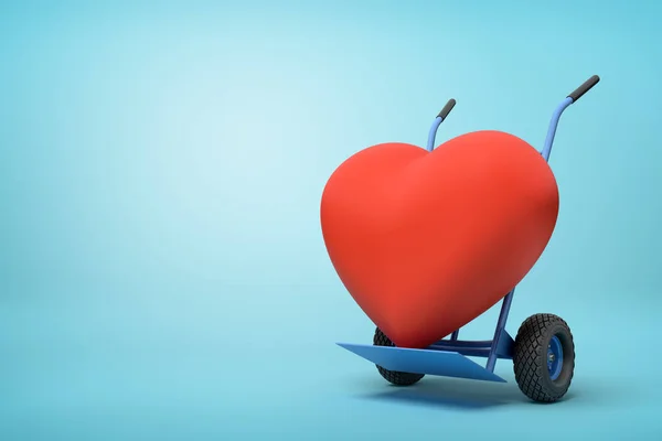 3d renderização de grande coração vermelho em um caminhão de mão no fundo azul — Fotografia de Stock