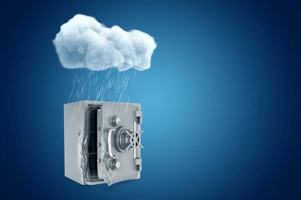 3d rendering di bianco nuvola pluviale sopra rotto danneggiato banca metallo grigio cassaforte su sfondo blu — Foto Stock
