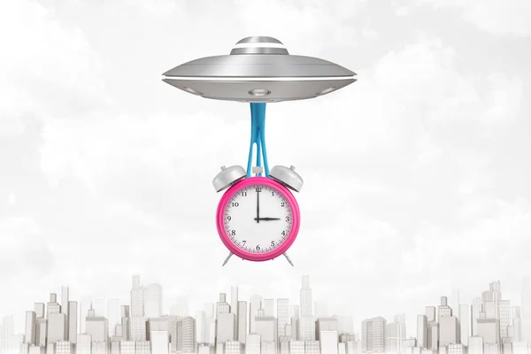 3d rendering of silver metal UFO carrying pink alarm clock on white city skyscrapers background — Stock Photo, Image