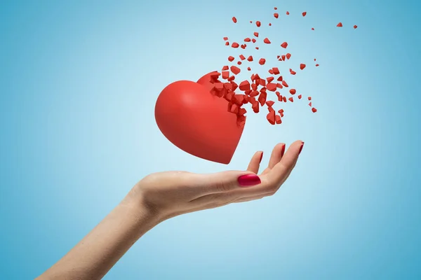 Close-up de mulheres mão virada para cima e levitando coração valentine vermelho que começou a se desintegrar em pedaços em fundo azul-claro . — Fotografia de Stock