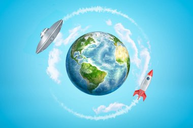 Mavi gökyüzü arka plan üzerinde gümüş metal ufo ve uzay roketi ile renkli toprak küre3d render