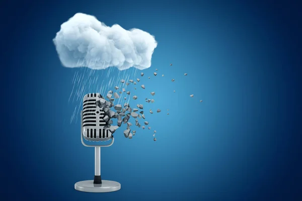 Representación 3d de micrófono disolviéndose en pequeños pedazos de pie bajo la nube de lluvia sobre fondo de gradiente azul con espacio de copia . — Foto de Stock