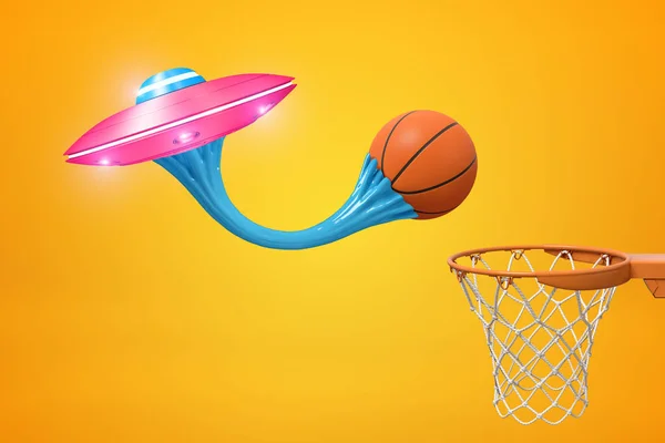 3d rendering of basketball ball stuck to pink metal UFO with blue sticky gum and basketball hoop on yellow background