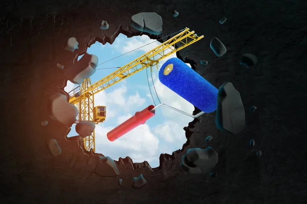 3d rendering of hoisting crane carrying blue paint roller and breaking hole in black wall with blue sky seen through.