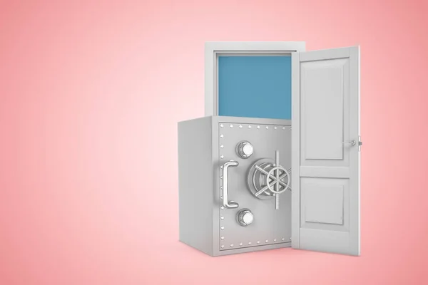 3d rendering of big metal money safe emerging from open door on pink gradient copyspace background. — Stock Photo, Image