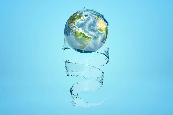 3D візуалізація Землі і прозорий джакузі, що обертається навколо неї, як стрічка на синьому фоні . — стокове фото