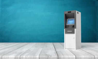 Beyaz ahşap zemin ve koyu turkuaz arka plan üzerinde Atm makine3d render