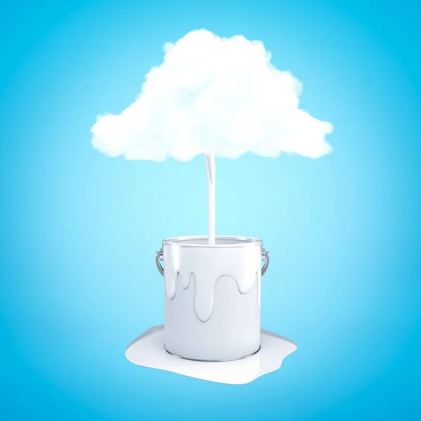 3d rendering of white cloud with white paint pouring into metal bucket on blue background — Stock Photo, Image