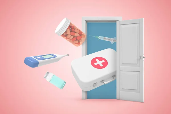 3d rendering of medical bag, syringe, jar of pills, thermometer and vial, flying from white door on pink background. — Stock Photo, Image