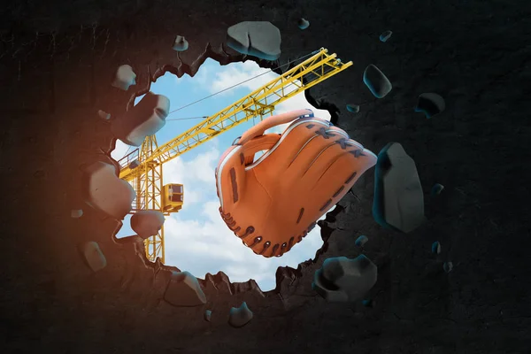 3D rendering van bouw kraan en honkbal handschoen breken zwarte muur — Stockfoto