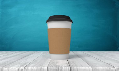 Beyaz ahşap zemin ve koyu turkuaz arka plan üzerinde kağıt kahve fincanı 3d render