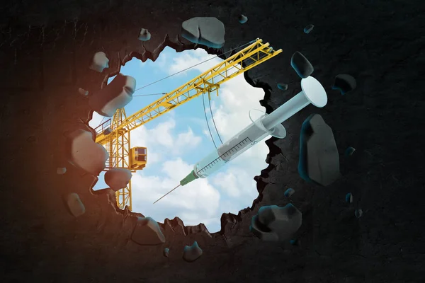 3d rendering of hoisting crane carrying syringe and breaking hole in black wall with blue sky seen through. — Stock Photo, Image