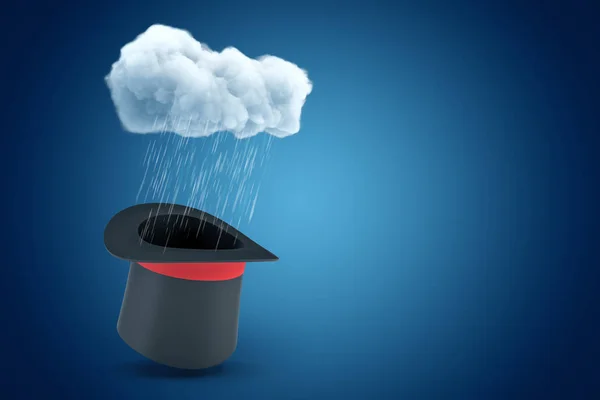 青いコピースペースの背景に雨雲の下で逆さまに立っている赤いリボンを持つ黒いトップハットの3Dレンダリング. — ストック写真