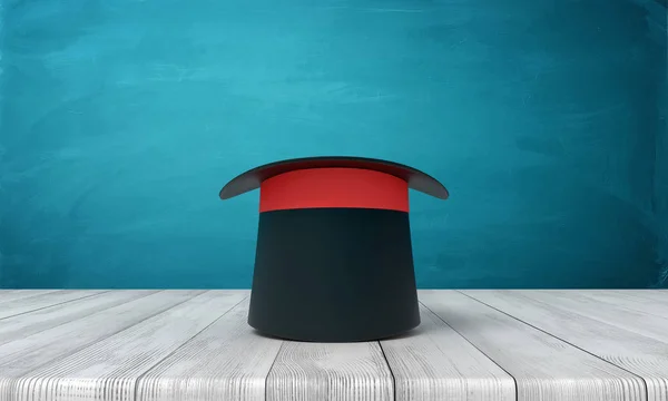 3D візуалізація чорного верхнього капелюха на білій дерев'яній підлозі та темно- бірюзовому фоні — стокове фото