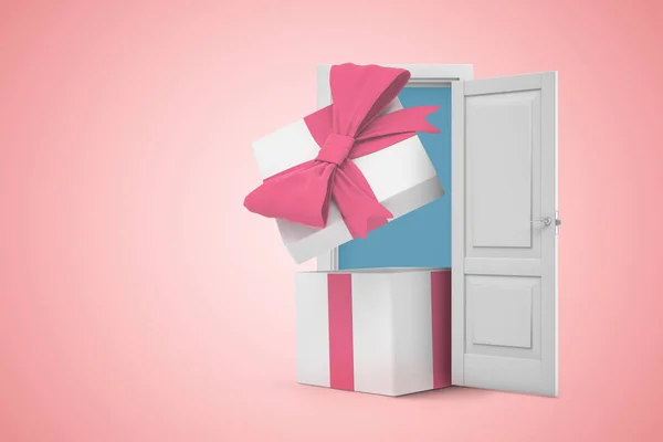 3d rendering of open gift box in white doorway on light pink background