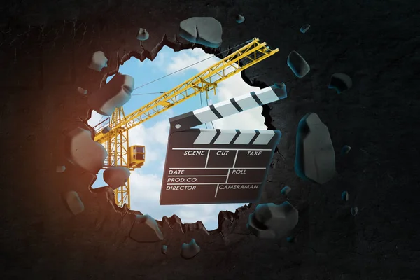 3d rendering of construction crane and movie clapper breaking black wall