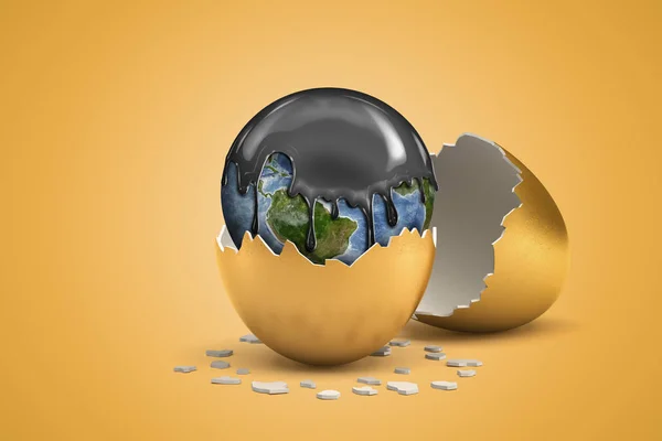 3D візуалізація земної кулі, покрита чорною товстою рідиною, вилуплюється із золотого яйця на жовтому фоні — стокове фото