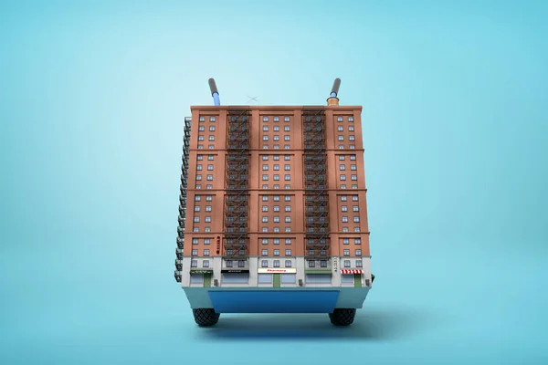 3d rendering of small 16 storeyed block of flats on blue hand truck on light blue background. Stock Image Everypixel