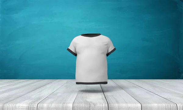 3D rendering van witte mens T-shirt met zwarte rand piping, opgehangen in de lucht boven de houten vloer, in de buurt van de blauwe muur. — Stockfoto