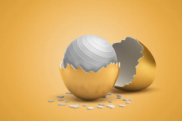 3d rendering di bianco fitball schiusa da uovo d'oro su sfondo giallo — Foto Stock