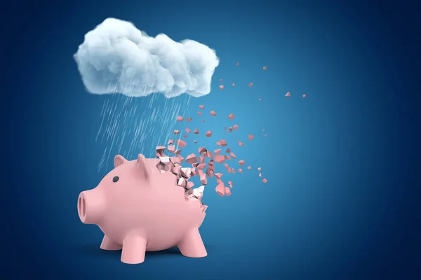 3D-rendering van roze Piggy Bank die oplost in stukjes, staande onder de wolk van stromende regen op blauwe copyspace achtergrond. — Stockfoto