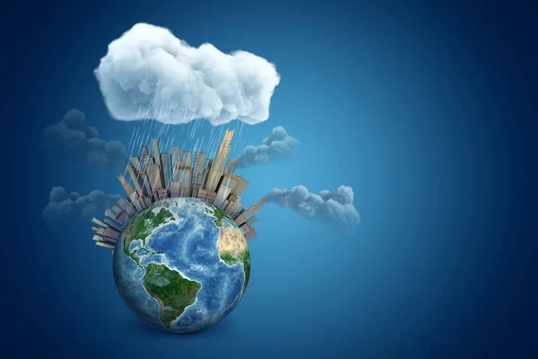 3D відображення планети Земля з високими висотами і курильними заводами, під дощовою хмарою на синьому градієнтному фоні з копіювальним простором . — стокове фото