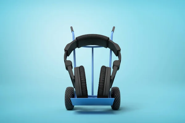 Prostorové vykreslování černých sluchátek na ručním vozíku na modrém pozadí — Stock fotografie