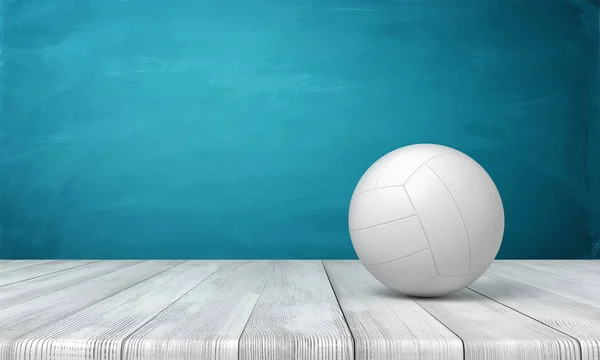 3d rendering of a white volleyball lying on wooden surface near blue wall with copy space. — Stock Photo, Image